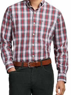Izod Men’s Red, White & Green Plaid Button-Down Shirt